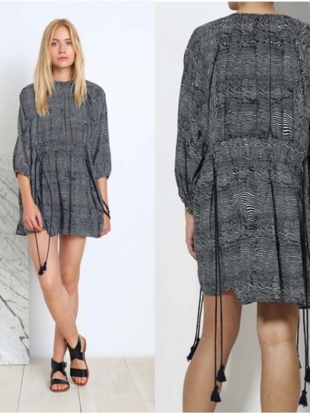 Apiece Apart Navy and White wavy stripe V-neck Silk Mini dress size 2
